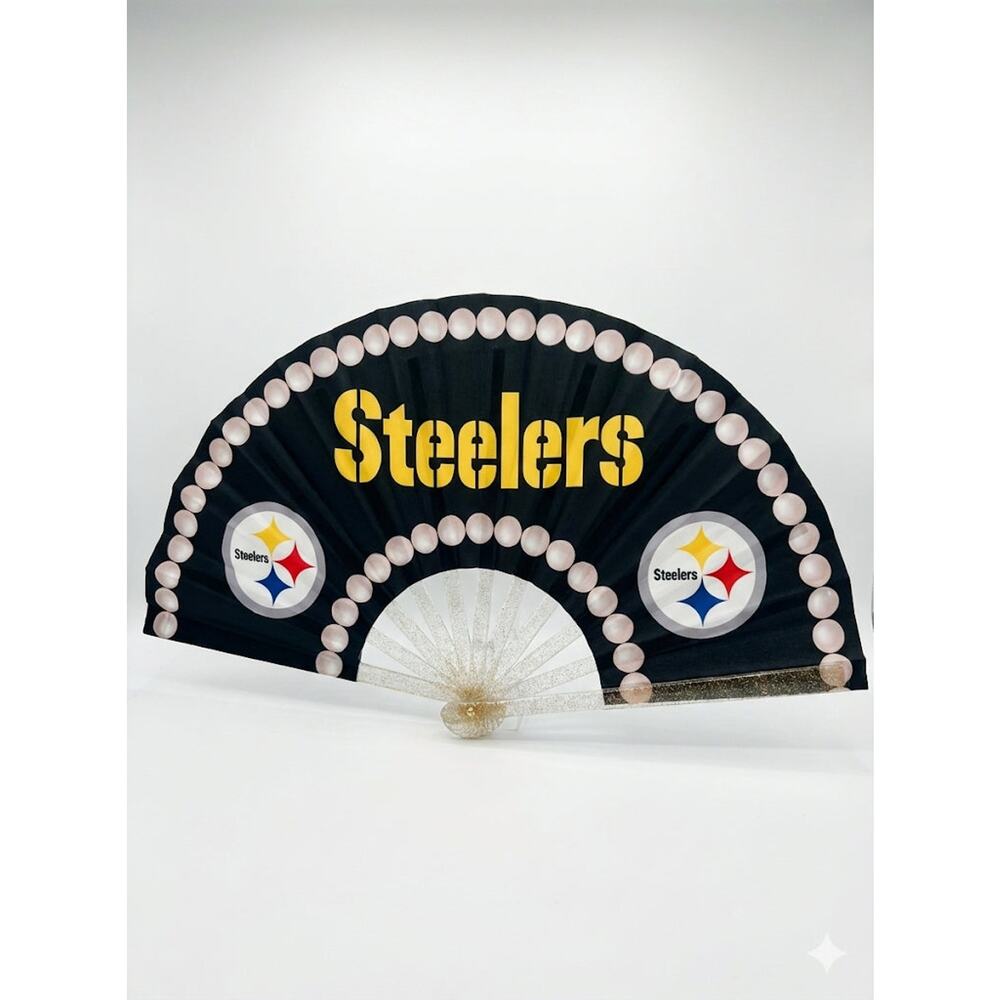 Pittsburgh Steelers Pearl Border Hand Fan - CLACK! Glitter Handle
